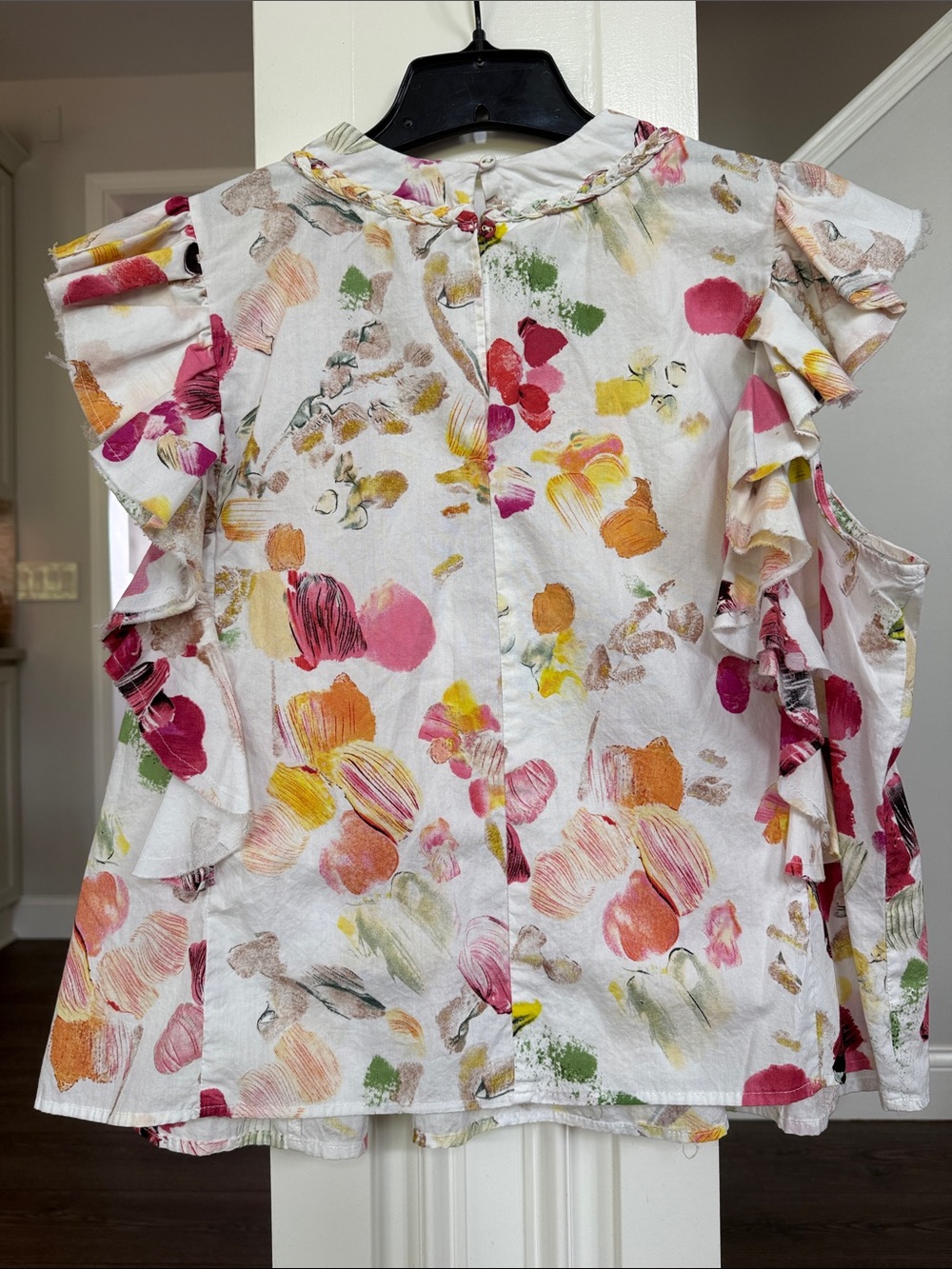 Fairhope Floral Ruffle Sleeve Blouse in White with Pink & Yellow 100% Cotton XL - Picture 6 of 7